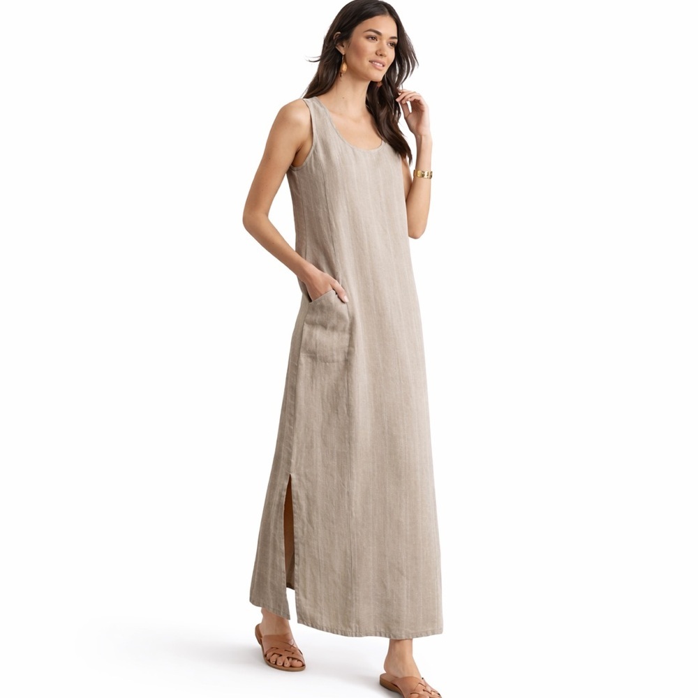 Garnet Hill 14 100% Linen Tank Maxi Dress 0370 Natural Stripe pockets beige